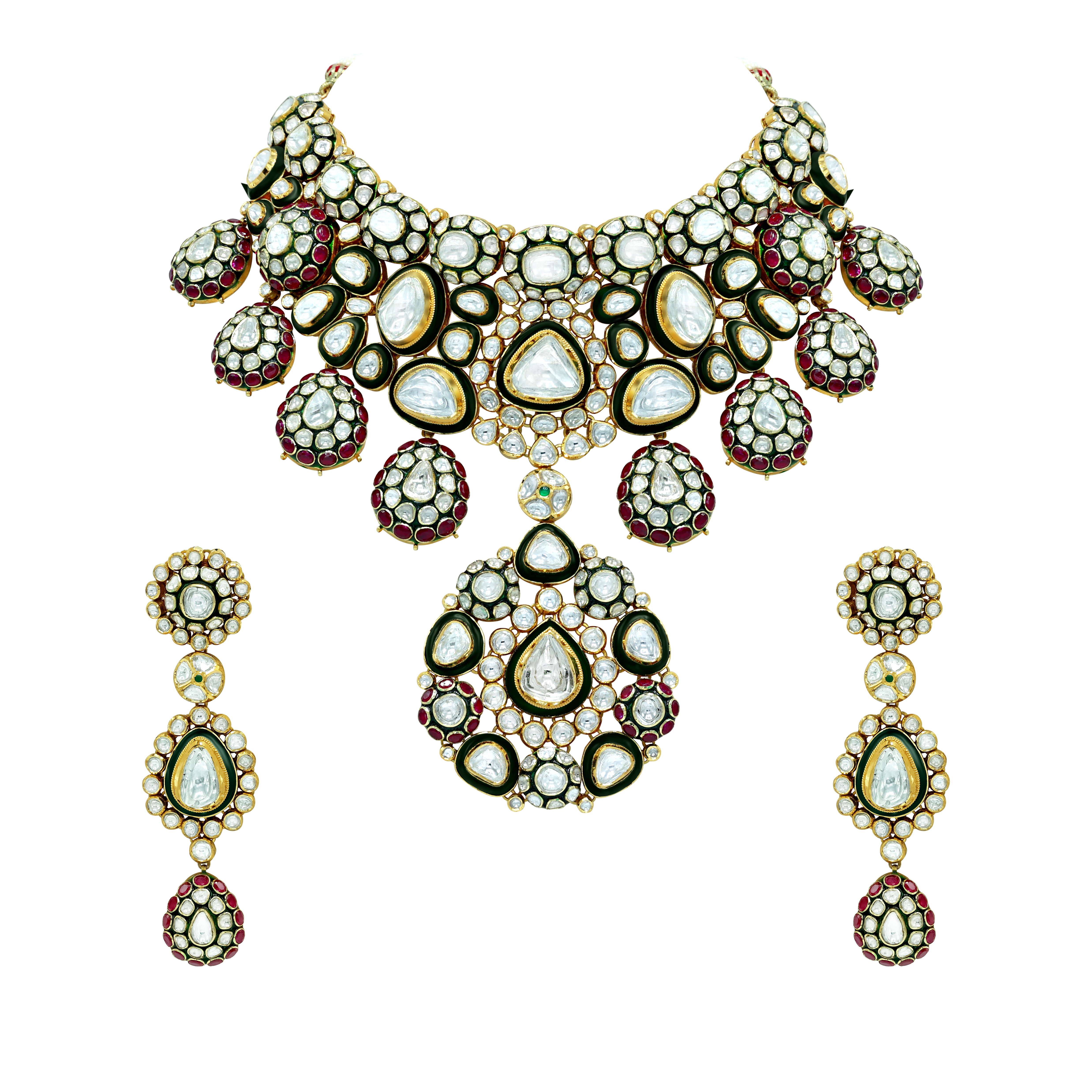 Bridal Polki Choker with Rubies, Green Meena, and Makadi Design Necklace Set